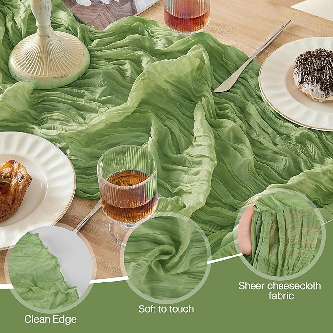 12 Pack Cheesecloth Table Runner 120 Inch Boho Rustic Gauze 10 FT Sage Green Cheese Cloths Table Runners Decorations for Spring Summer Birthday Party Baby Shower Wedding Holiday Home Decor
