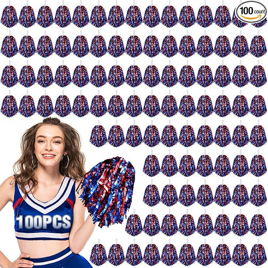 Hanaive 100Pcs Metallic Cheerleading Pom Poms with Baton Handle Cheerleader Pompom Foil 30g Cheering Squad Hand Flowers for Adults Team Spirit Sports Party Cheering