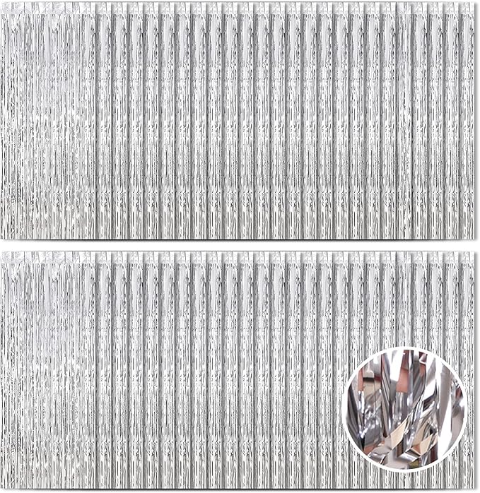 Silver Foil Fringe Curtains 50 Pack 3.2ft x 8.2ft Fringe Backdrop Curtains Metallic Tinsel Streamer Photo Backdrop for Birthday Party Decorations Halloween Christmas Party Supply (Silver)