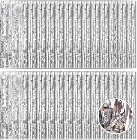Silver Foil Fringe Curtains 50 Pack 3.2ft x 8.2ft Fringe Backdrop Curtains Metallic Tinsel Streamer Photo Backdrop for Birthday Party Decorations Halloween Christmas Party Supply (Silver)