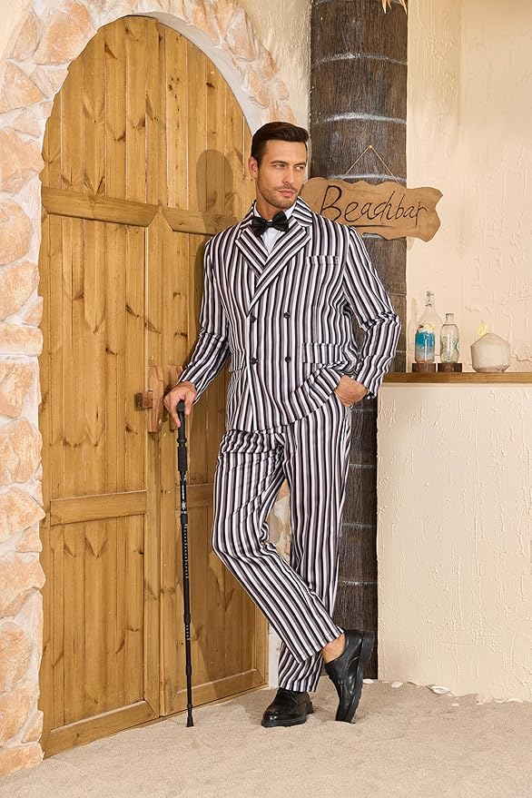 Men's 1920s Gangster Costume Wig Pinstripe Suit Blazer Jacket Shirt Pants Set with Necktie Halloween Cosplay Outfits