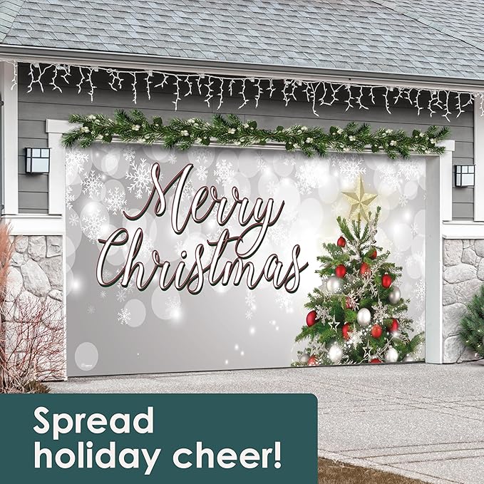 7' x 16' Joyful Merry Christmas Tree Garage Door Banner - Designed to Move with Door | Festive Holiday Cheer Double Garage Door Decoration
