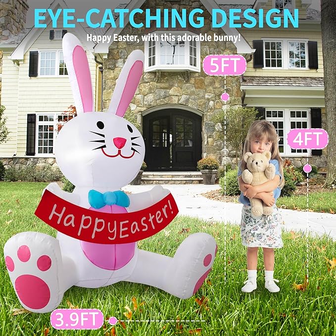 5FT Easter Inflatables Outdoor Decorations Easter Bunny Holds Banner with LED Lights Blow Ups Decor for Yard Outside Indoor Party Home Garden Lawn Holiday