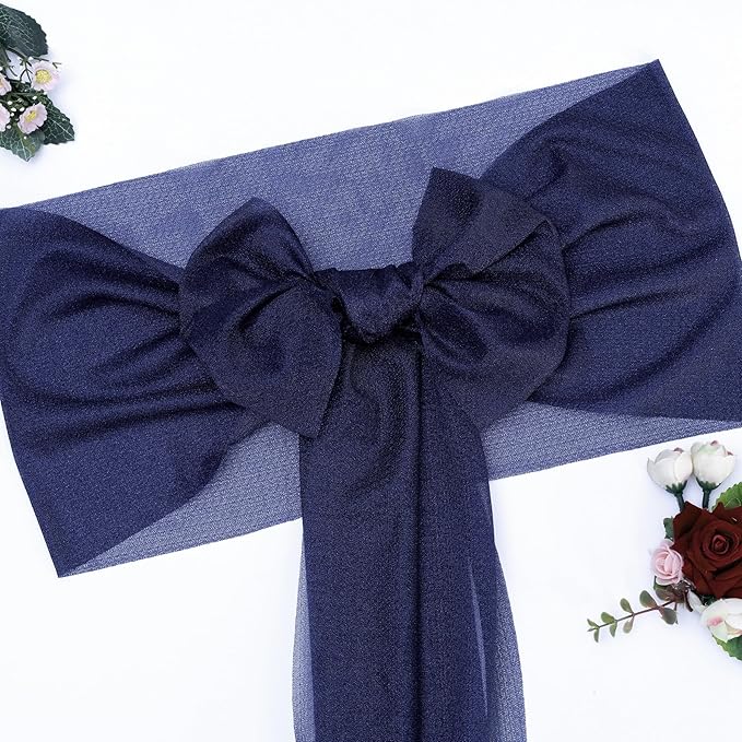 VDS Pack of 250, Navy Blue, Sheer Chiffon Chair Sashes Bows Chair Cover Back Tie Ribbon for Wedding Birthday Baby Shower Engagement Ceremony Event Party Banquet Restaurant Dining Chair Decoration