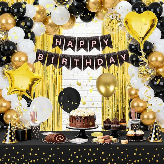 140 Pcs Black And Gold Birthday Decorations For Men And Women,Balloon,Happy Birthday Banner,Fringe Curtains,Cake Topper,Plates,Cups, For 25 Guests