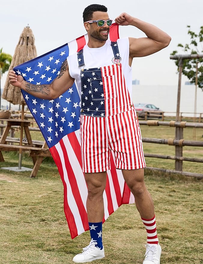 Bindefon American Flag Overalls Men,4th of July Cape,USA Sunglasses,Patriotic Socks,4 Pcs for Independence Labor Day