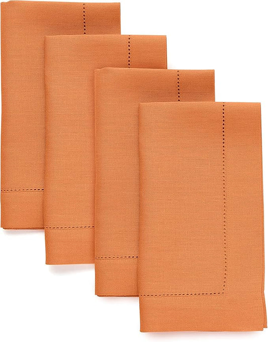 Solino Home Linen Napkins Set of 4 - Classic Hemstitch 100% Pure Linen Pumpkin Dinner Napkins Cloth 20 x 20 Inch - Handcrafted and Machine Washable