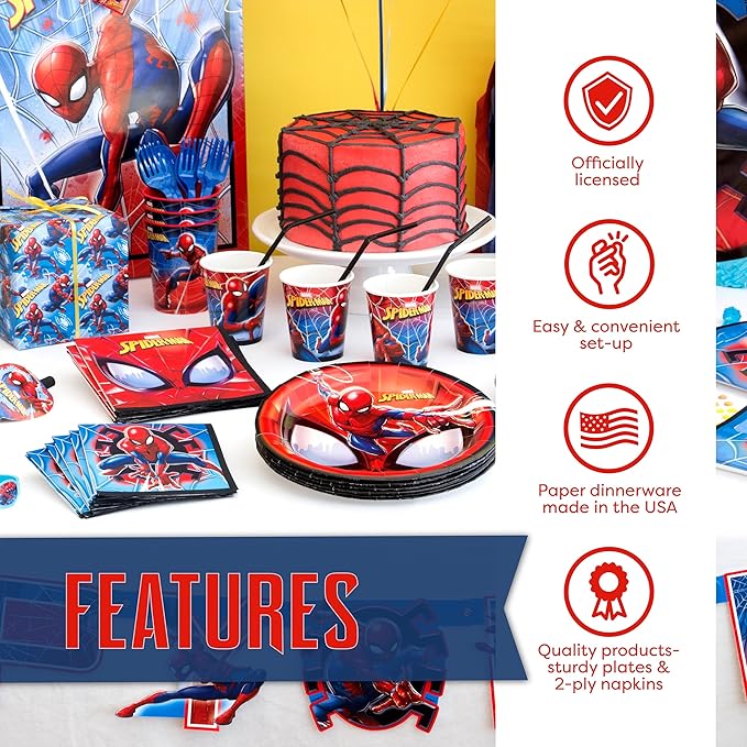 Spiderman Birthday Decorations | Spiderman Party Decorations | Serves 16 Guests | Balloons, Banner, Table Cover, Plates, Cups, Napkins, Masks, Button | Officially Licensed