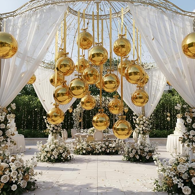 Jenaai 30 Set Round Foil Balloons Bulk 22 Inch 4d Metallic Giant Balloons Set with Satin Bows Ribbon for Ceiling Holiday Ornaments New Year Birthday Wedding Party Decoration(Gold)