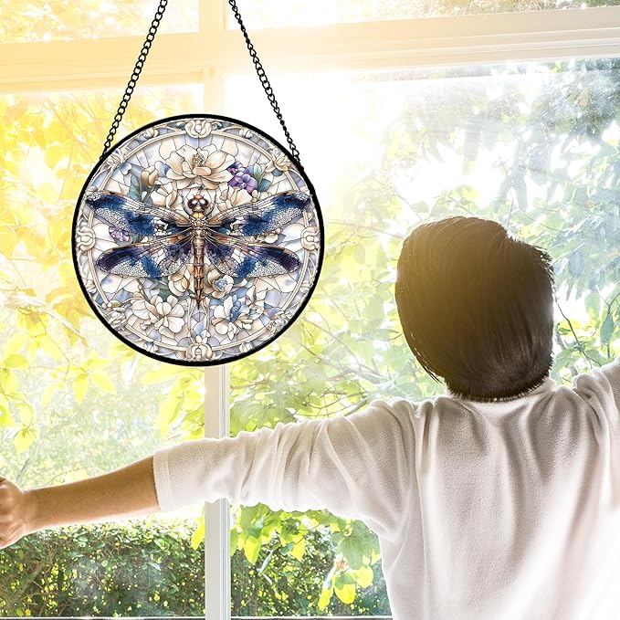 Stained Glass Window Hanging, Dragonfly Flower Suncatcher for Doors Home Sun Catchers Decoration and Christmas, Mother's Day Birthday Gifts for Women, Men, and Mom 9.8 in