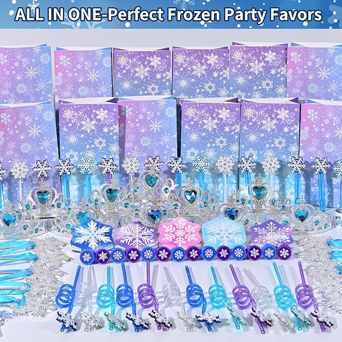 234PCS Frozen Party Favors Supplies Decorations Kit Include Goodies Bags, Straws, Bubble Wands, Crowns, Magic Wands, Notebook, Cake Toppers & More