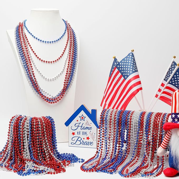 200 PCS Beads Necklace, 33" Metallic Patriotic Necklace, Red Blue Silver Fourth of July Beads Accessories Party Supplies for Adult 4th of July Independence Day Memorial Day Veterans Day