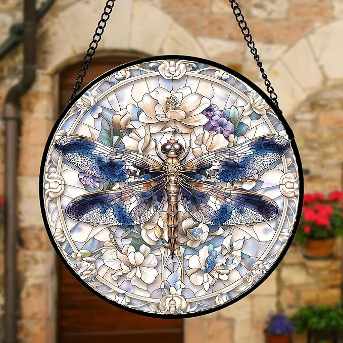 Stained Glass Window Hanging, Dragonfly Flower Suncatcher for Doors Home Sun Catchers Decoration and Christmas, Mother's Day Birthday Gifts for Women, Men, and Mom 9.8 in