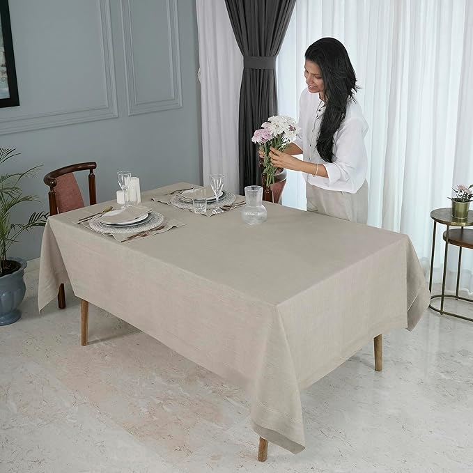 D'Moksha Homes Natural Linen Tablecloth for Rectangle Tables 60 x 140 Inch - Classic Hemstitch 100% Pure Linen Natural Tablecloth - Machine Washable Cloth Table Cloth for Valentines, Spring, Easter