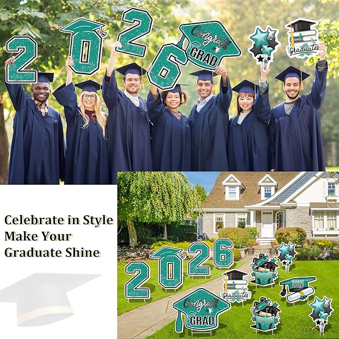 Large 11 PCS Graduation Yard Signs, Class of 2026 Congrats Grad Outdoor Lawn Yard Sign with Stakes, Graduate Yard Decorations for College High School Party, Teal