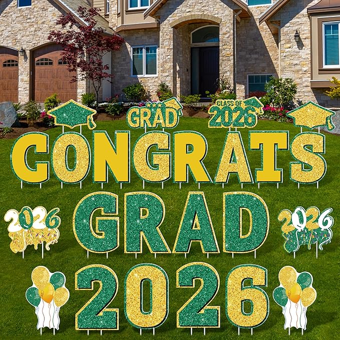 ANVAVO 2026 Congrats Grad Yard Signs Graduation Waterproof Decorations Graduation Yard Sign Decorations Grad Party Outdoor Lawn Decor with Stakes, Green and Gold