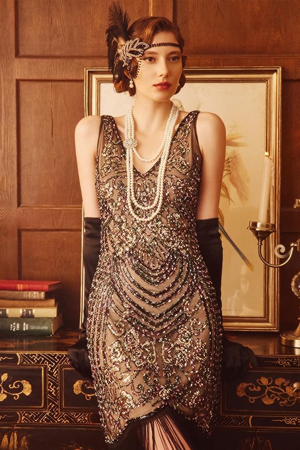 BABEYOND Flapper Dresses 1920s V Neck Beaded Fringed Great Gatsby Dress