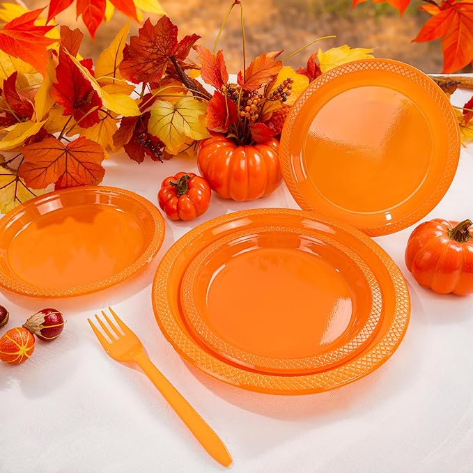 MirthMood 350PCS Orange Plastic Plates,Orange Disposable Plates Set– Plastic Plates Set Includes 50 Dinner,50 Dessert Plate,50 Cup&50 Napkins, 50 Silverware for Wedding & Birthday Parties