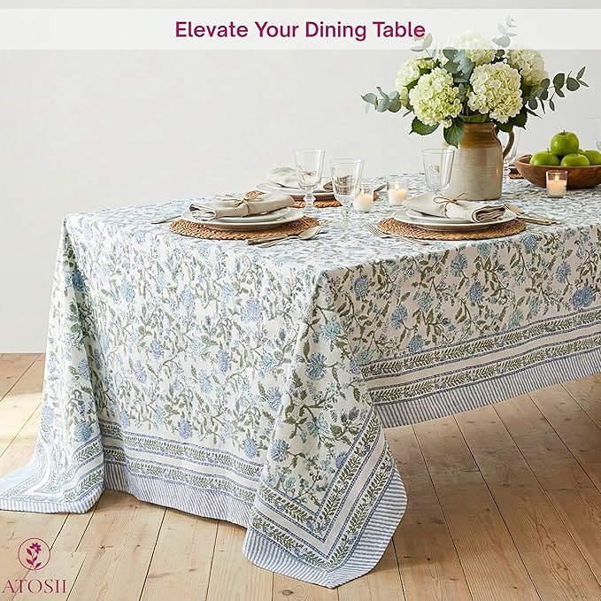 ATOSII Mahoka Blue 100% Cotton Square Fall Tablecloth, Handblock Floral Linen Table Cloth for Kitchen Dining Table I Parties Weddings Outdoors Easter Valentine's Gift I 60 X 60 Inches I 4 Seater