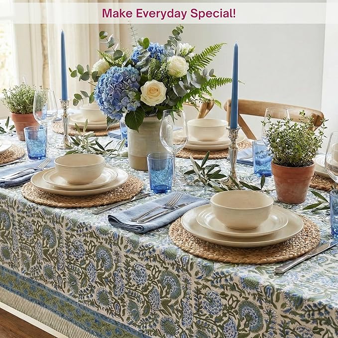 ATOSII Clover Blue 100% Cotton Rectangle Tablecloth, Handblock Floral Print Linen Table Cloth for Kitchen Dining I Parties, Outdoors, Fall Christmas Thanksgiving Holidays I 72 X 108 Inches I 8 Seater