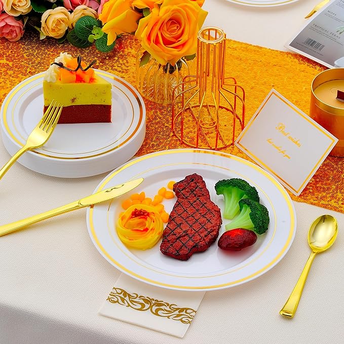 350 PCS Gold Plastic Dinnerware for 50 Guests, Gold and White Plastic Disposable Plates, 50 Dinner Plates, 50 Dessert Plates, 50 Silverware Set, 50 Cups, 50 Napkins for Party