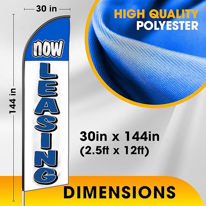 OnPoint Wares Now Leasing King Feather Flag Kit - 3 Pack, 2.5 ft x 12 ft, Blue & White, Leasing Promotion, Outdoor Advertising, Property Promotion