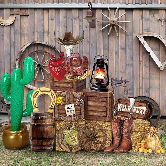 20 Pcs Western Cowboy Party Decorations Hay Bales Straw Boxes Inflatable Cactus Cowgirl Card Hat Horseshoe for Birthday Photo Booth Props Cowboy Party Birthday Farm
