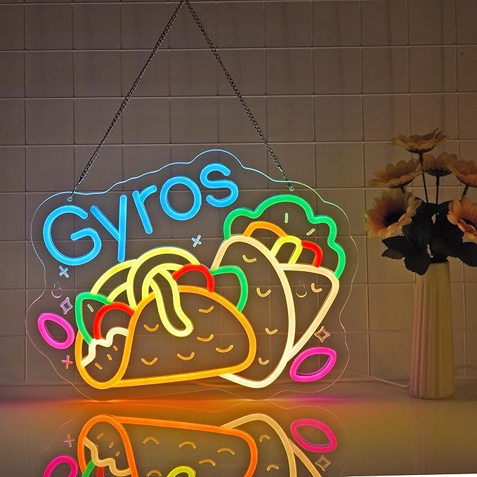 Gyros Neon Sign, Neon Lights Hanging Wall Art Decoration for Greek Restaurant Gyro Shop Deli Food Market Kitchen Home Decor, USB Powered, Ultra Bright & Dimmable, 15.35×11.8 Inches