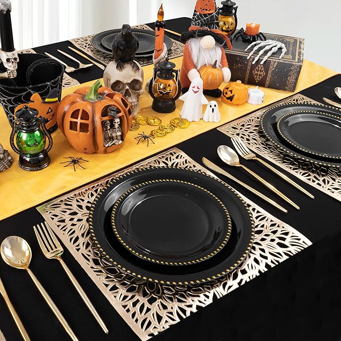 Rubtlamp 60Pcs Black Gold Plastic Plates, Black Disposable Plates With Gold Beaded, Heavyduty Plastic Plates, Halloween Plates Include 30 Dessert Platos, 30 Dinner Platos for Party