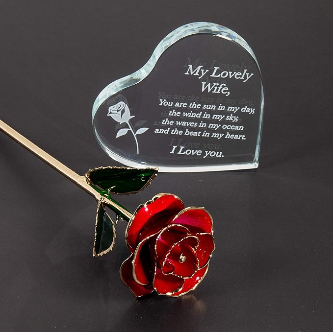 Anniversary for Wife Engraved Wooden Gift Set 'To My Beautiful Wife' Includes Crystal Engraved Heart 24K Gold Dipped Rose for Birthday Gifts