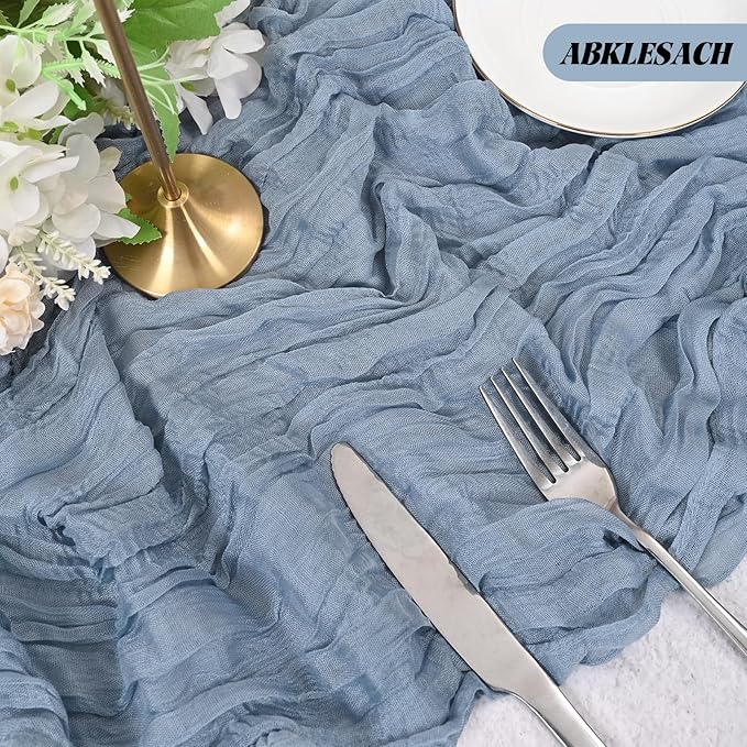 24 Pack Dusty Blue Cheesecloth Table Runner 120 inch Fall Thanksgiving Boho Rustic Gauze Farmhouse 10FT Cheese Cloth Runner for Baby Shower Wedding Party Holiday Home Decor
