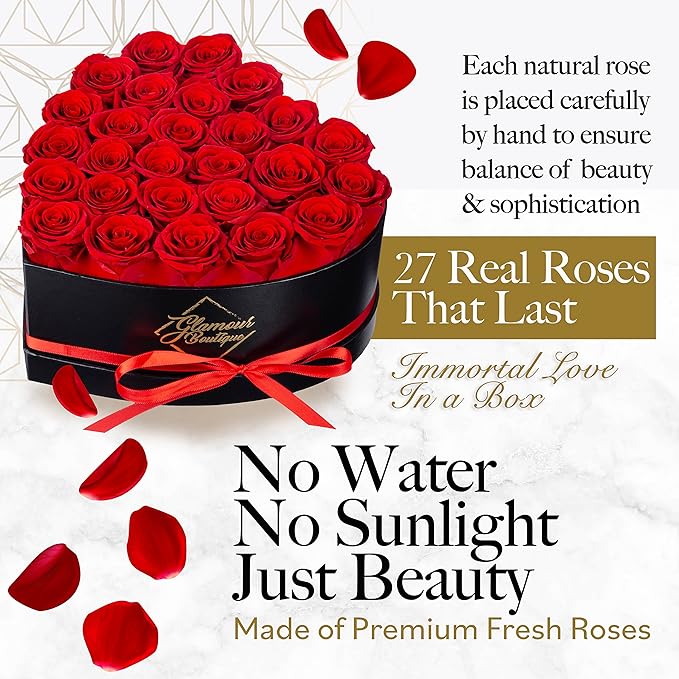 GLAMOUR BOUTIQUE 27 Flower Forever Heart Shape Box, Eternal Preserved Roses Gift for Her, Lasting Flowers, Premium Floral Heart Box for Birthday, Anniversary or Valentine’s Day, Red (Color-Treated)