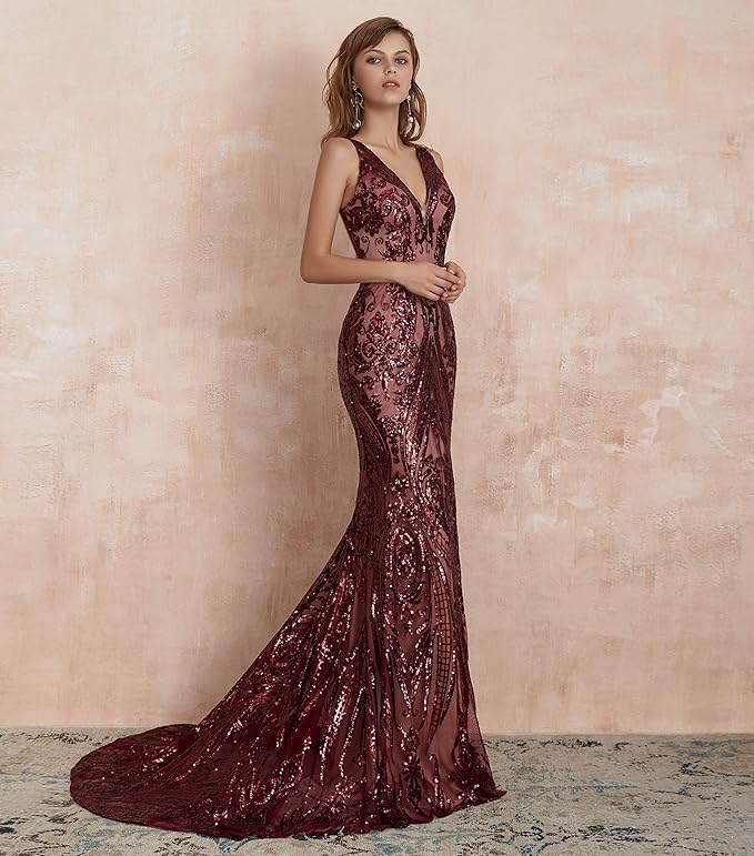 Women's Double V-Neck Sequins Lace-up Mermaid Evening Dress