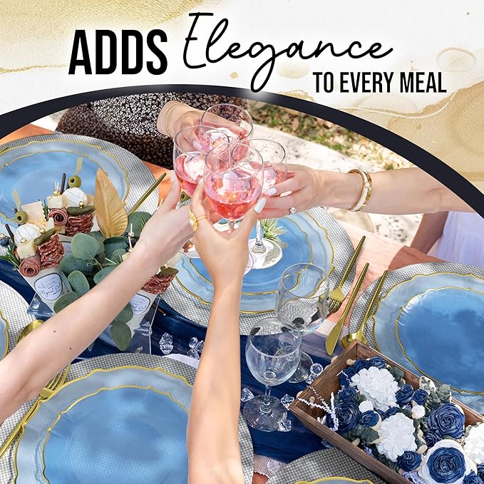 Exquisite Plastic Plates for Party 40 Piece Fancy Plastic Dinner Plates For 20 Guests 20 X 7.5 Dessert Plates & 20 X 10 Thin Delicate Disposable Dinnerware Charger Plate Spring Lake Gold Rim