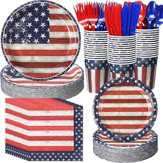 400 Pcs American Flag Patriotic Party Supplies Red White Blue Disposable Paper Plates Napkins and Cups Veterans Election Tableware for Independence 4th of July Labor Memorial Day(Retro)