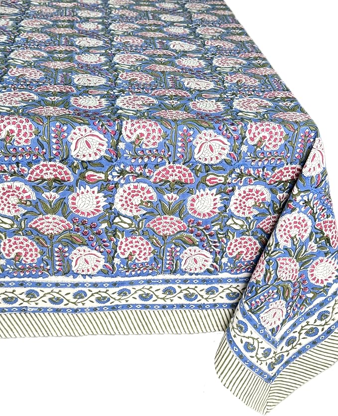 ATOSII Clover Pink 100% Cotton Square Boho Fall Tablecloth, Handblock Floral Table Cloth Linen for Kitchen Dining I Parties Wedding Outdoors Picnic Easter I Home Decor 60 X 60 Inches I 4 Seater