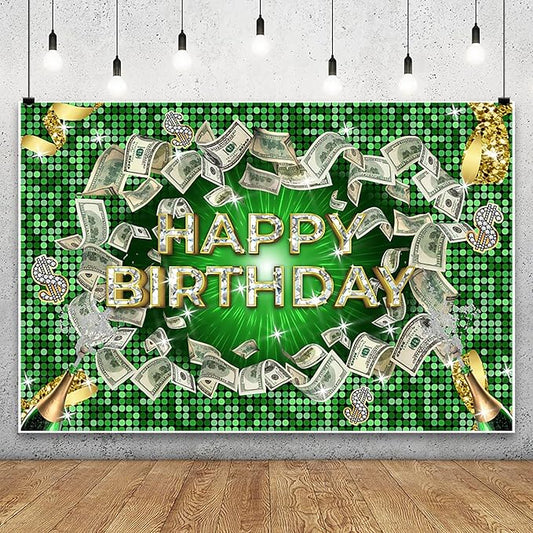 Renaiss 9x6ft Money Green Backdrop Champagne Diamonds Dollar Bill Photography Background Money Casino Theme Party Decors Happy Birthday Banner Photo Booth Props
