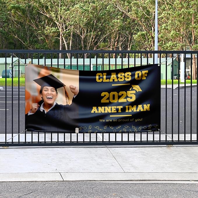 Personalized graduation vinyl banner. Customizable colors. Custom photo. Good for indoor and outdoor graduation parties and ceremonies.