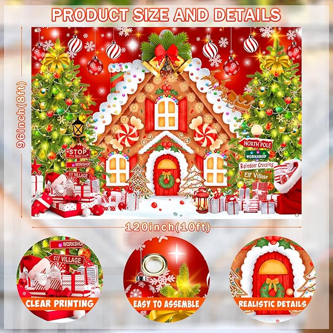 Christmas Backdrops for Photography, Gingerbread House Photo Backdrop for Wall Photoshoot, Xmas Background Holiday Party Decorations 10x8FT