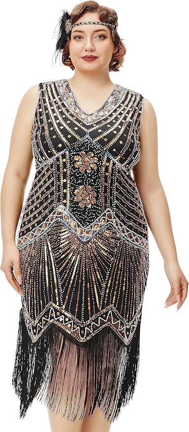 BABEYOND Women's Plus Size Flapper Dresses 1920s V Neck Beaded Fringed Great Gatsby Dress
