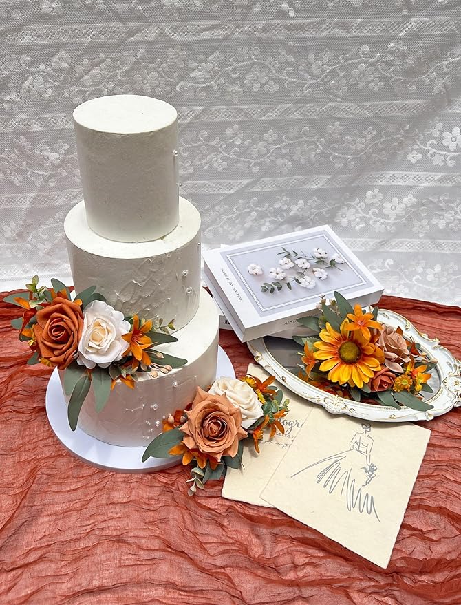 CherishedMoments 3Pcs Cake Topper Set, Wedding Artificial Flowers Decor Straw Yellow Sunflower Scheme Cake Topper Decorations for Wedding Ceremony Anniversary, Party Decor