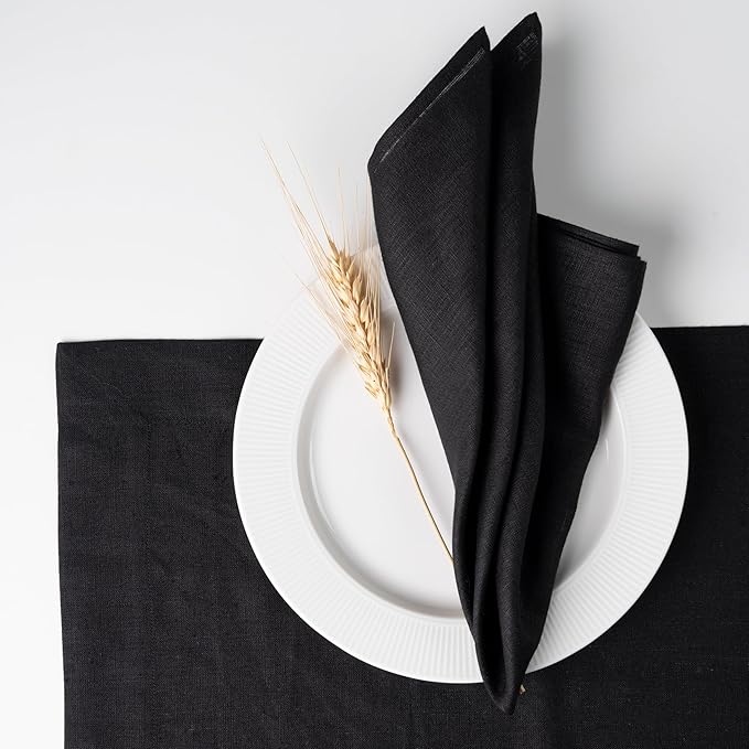 D'Moksha Homes Black Linen Napkins 18 x 18 Inch - 100% Pure Linen Cloth Washable Dinner Napkins Set of 4 for Spring, Easter