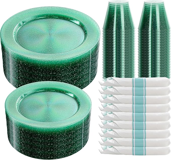 DaYammi 350 Pieces Green Glitter Dinnerware Set 50 Guest for Party- 50 Dinner Plates, 50 Dessert Plates -50 Per Rolled Napkins with Green Cutlery - 50 Disposable Cups 9 OZ