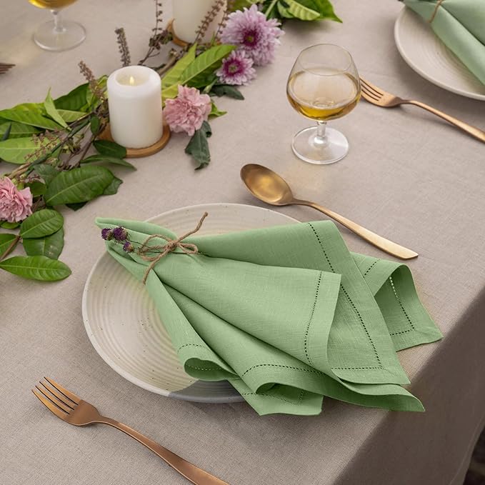 D'Moksha Homes Sage Green Linen Napkins Set of 8 - Classic Hemstitch 100% Pure Linen Hemstitch Dinner Napkins 20 x 20 Inch for Spring, St Patricks Day, Easter - Handcrafted and Machine Washable
