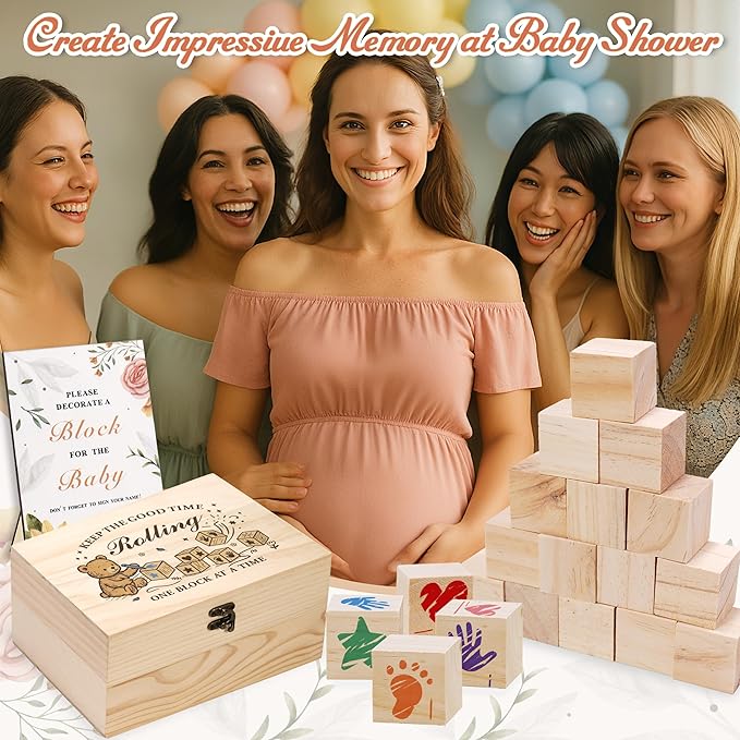 78 PCS Baby Shower Games Sign Kit for Boys Girls, Wooden Box and Sign, Blank Wooden Blocks for DIY Drawing, Markers, Baby Shower Game for Gender Reveal Activity, Baby Shower Ideas Decorations, Bear B