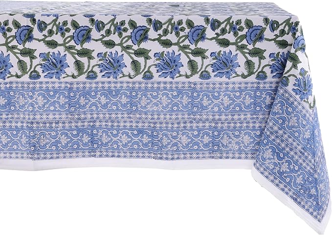 ATOSII Taj 100% Cotton Summer Tablecloth, Block Print Floral Rectangle Table Cloth for Dining Table I Parties Wedding Outdoors, Grand Millenial Decor 60 X 108 Inches I 8 Seater