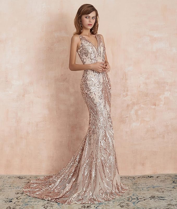 Women's Double V-Neck Sequins Lace-up Mermaid Evening Dress