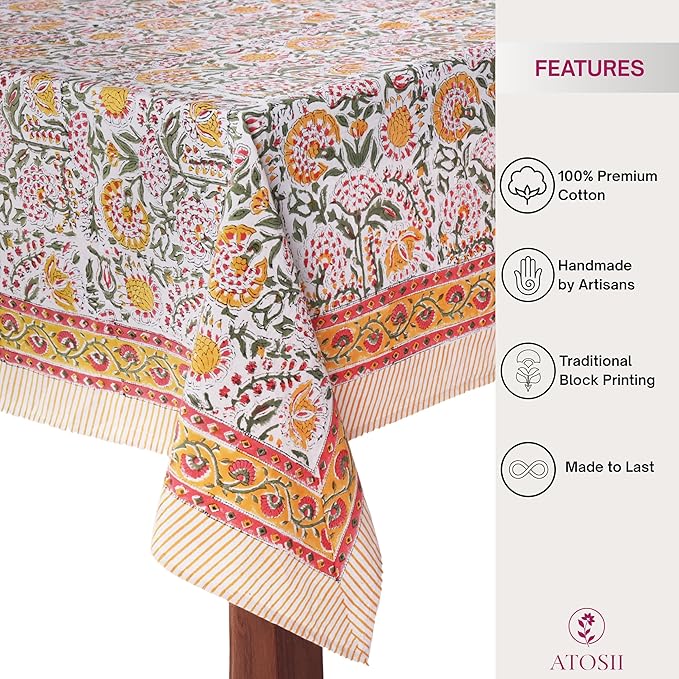 ATOSII Clover Yellow 100% Cotton Rectangle Fall Tablecloth, Handblock Floral Print Linen Table Cloth for Kitchen Dining I Parties, Outdoors, Christmas, Thanksgiving I 72 X 120 Inches I 10 Seater