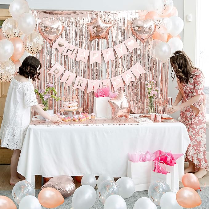 225 PC Rose Gold Birthday Party Decorations Kit for Girls, Teens, Women - Happy Birthday Banner, Curtains, Table Runner, Balloons, Sash, Tiara, Cake Topper, Plates, Cups, Napkins, Straws for 25 Guests