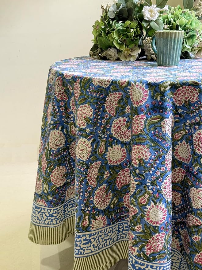 ATOSII Clover Pink 100% Cotton Round Tablecloth, Block Print Floral Table Cloth for Dining, Parties, Weddings, Outdoors, Holidays I 60" Inches, 4 Seater I Grandmillennial Farmhouse Spring Summer